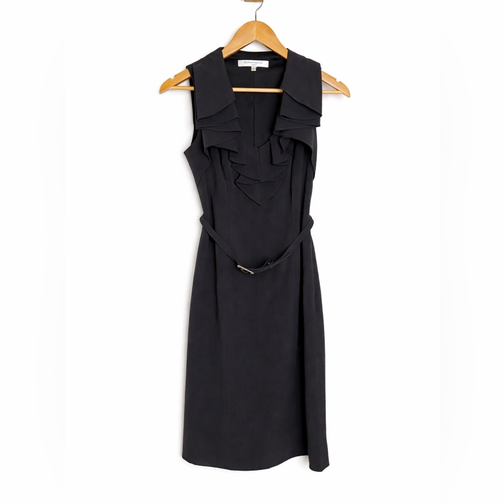 Evan Picone Black Ruffle-Trim Midi Dress Belted fully lined